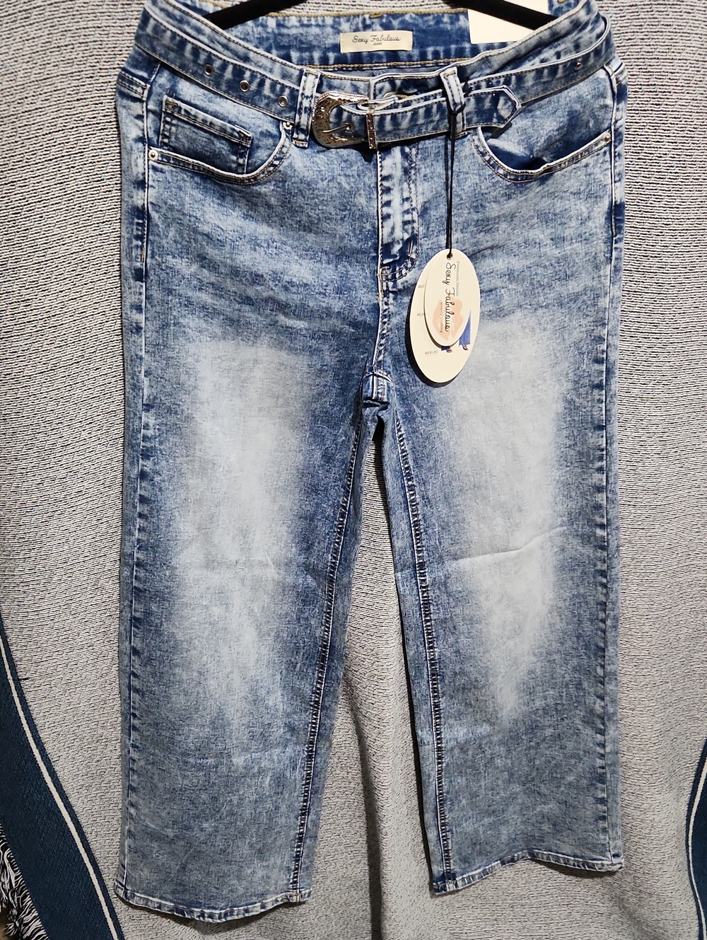 Wide Leg Washed Blue Jeans with Studsu & Embellished Belt